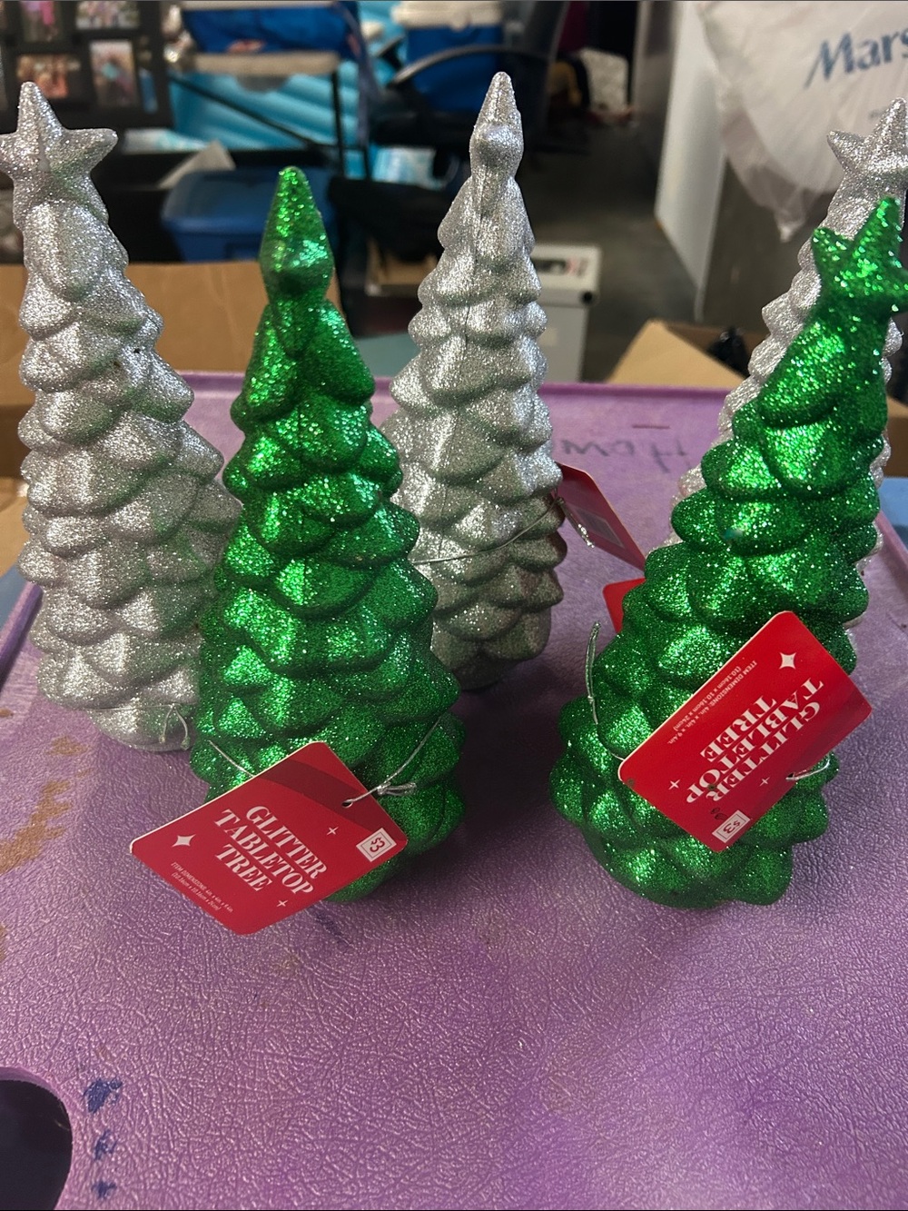 Set of 5 Green/silver Glitter Holiday Tree Tabletop Decor - Unbranded